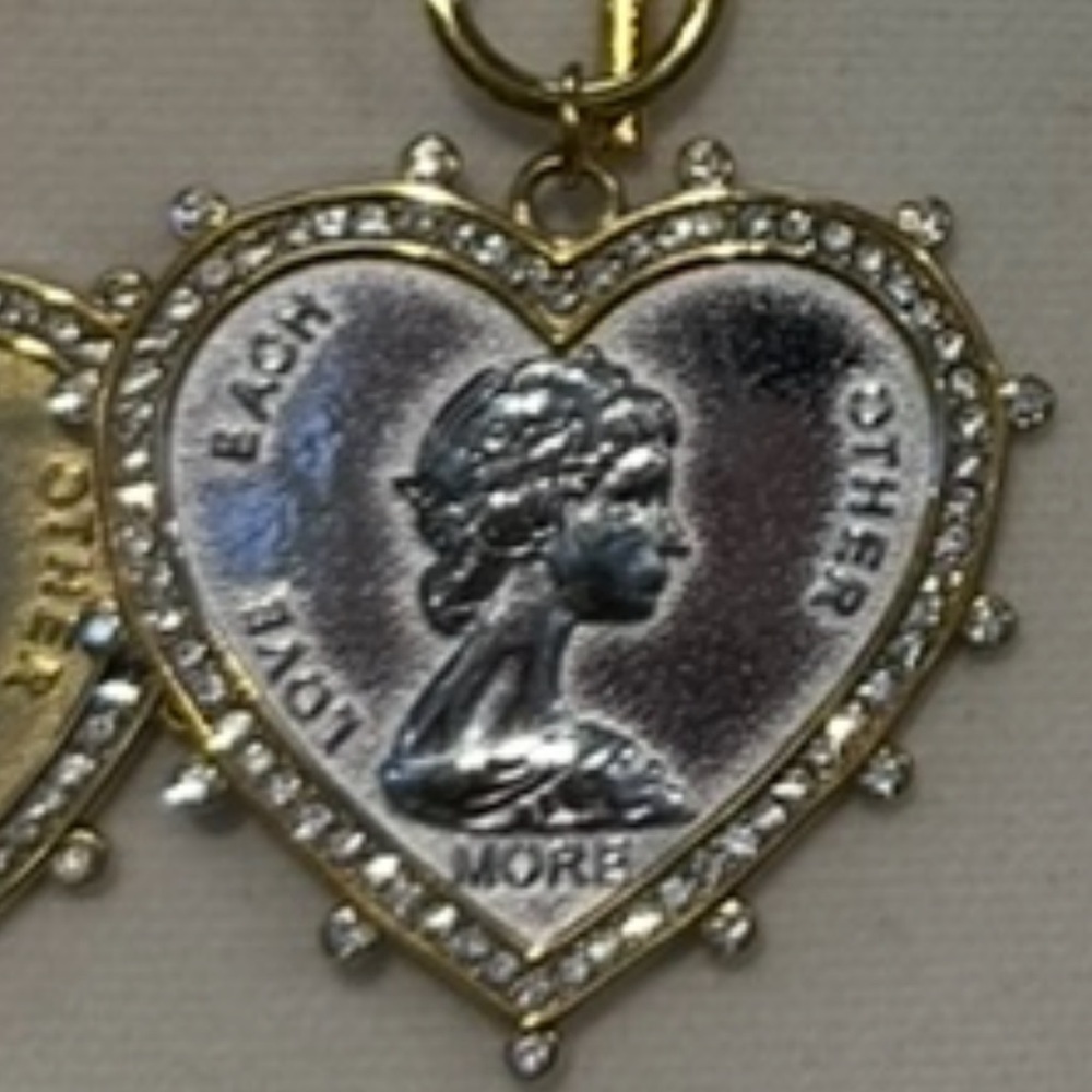 Gold and Silver Heart Coin Pendant Necklace with Crystal Accents